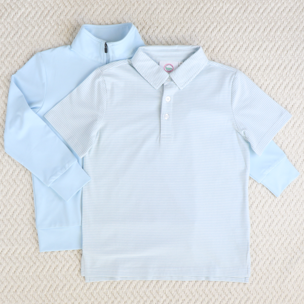 Boys Signature S/S Knit Polo - Light Blue & White Thin