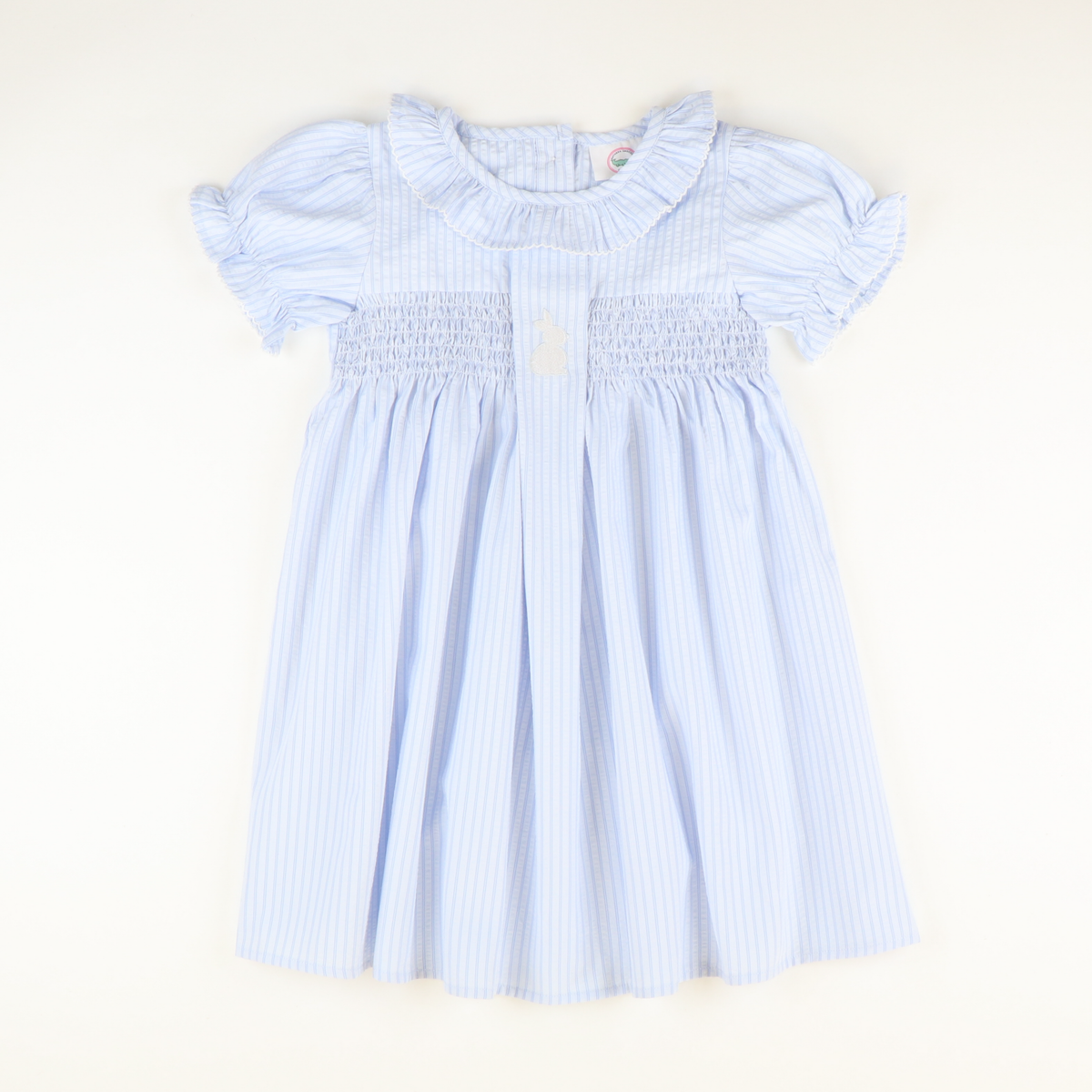 Embroidered Silhouette Bunny Smocked Geo Dress - Blue Stripe Seersucker