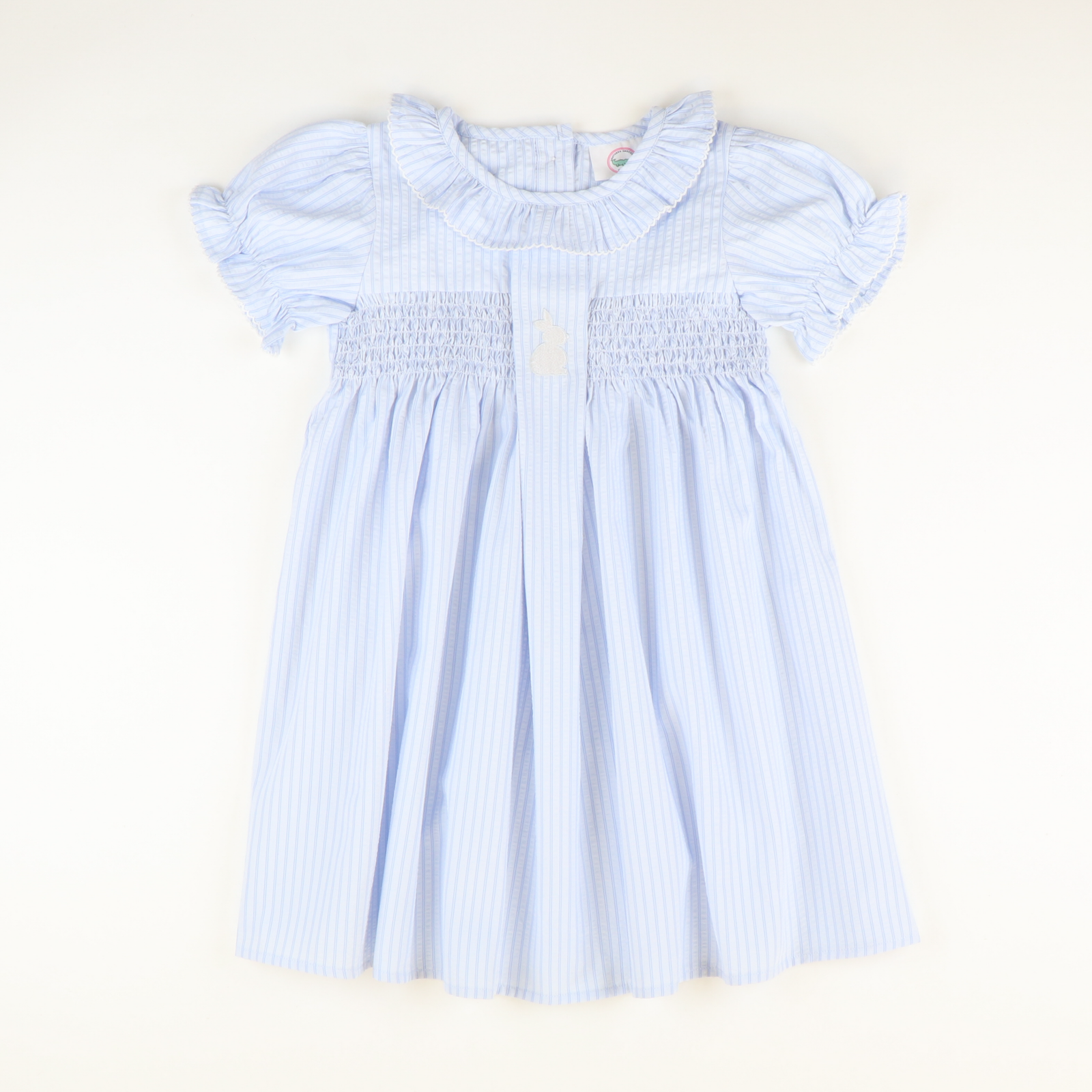 Embroidered Silhouette Bunny Smocked Geo Dress - Blue Stripe Seersucker - Stellybelly