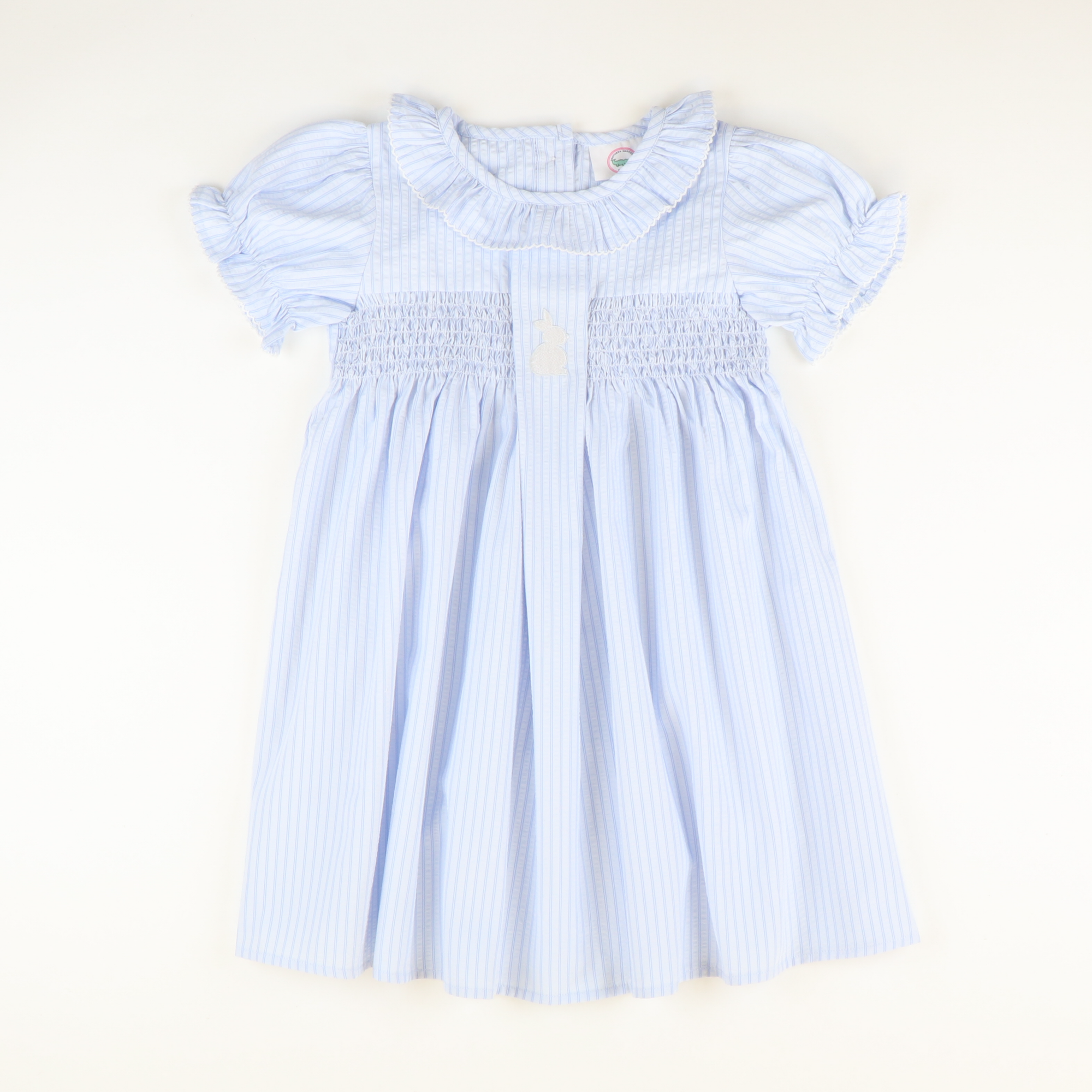 Embroidered Silhouette Bunny Smocked Geo Dress - Blue Stripe Seersucker