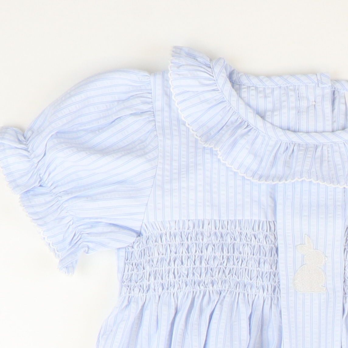 Embroidered Silhouette Bunny Smocked Geo Dress - Blue Stripe Seersucker