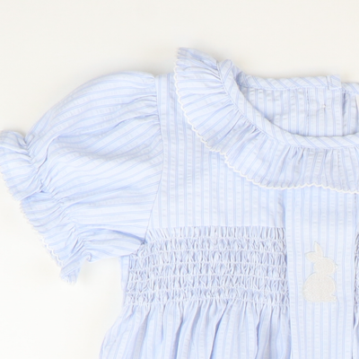 Embroidered Silhouette Bunny Smocked Geo Dress - Blue Stripe Seersucker