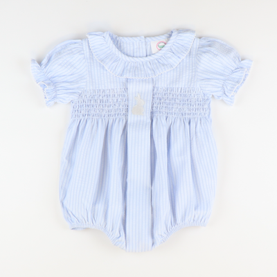 Embroidered Silhouette Bunny Smocked Geo Girl Bubble - Blue Stripe Seersucker