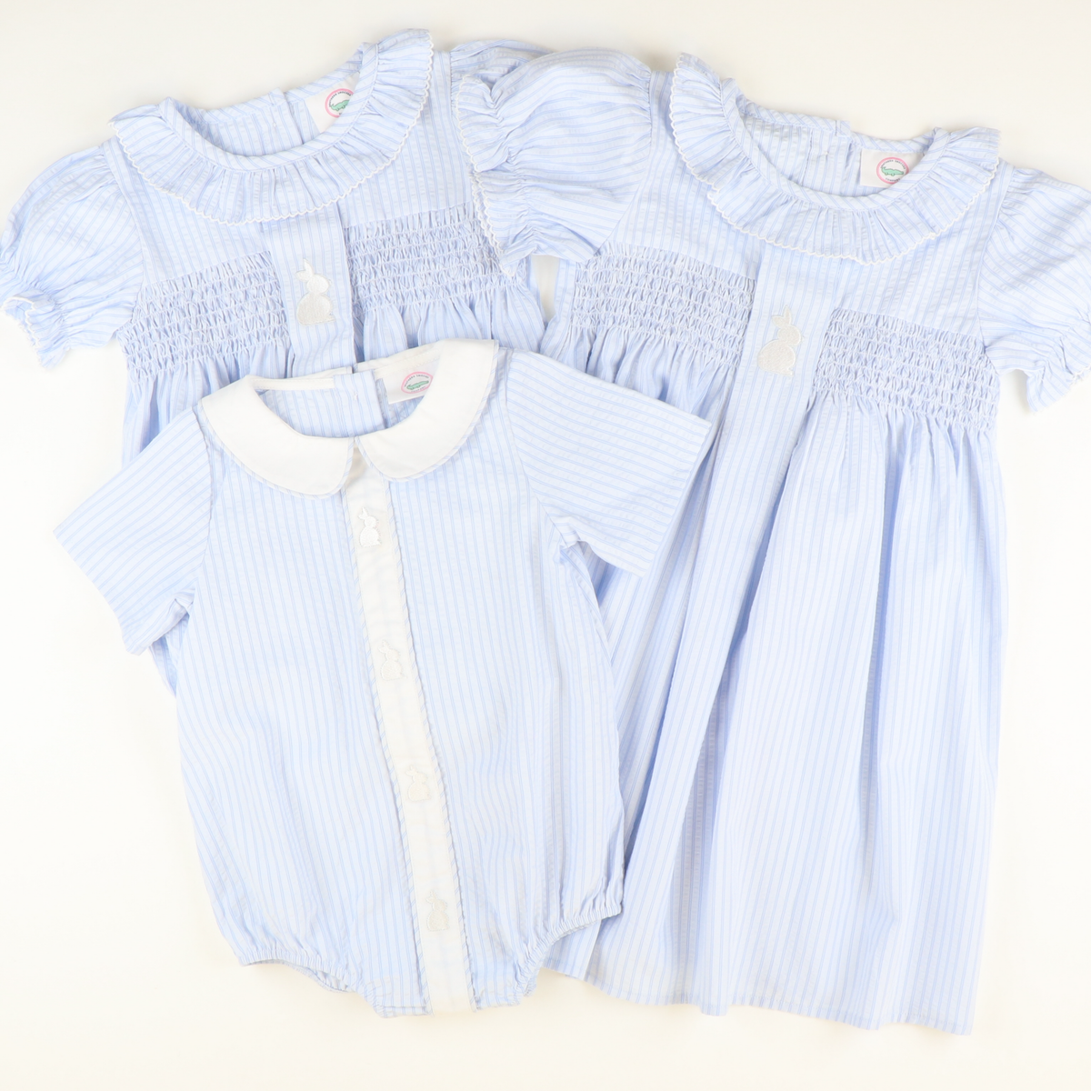 Embroidered Silhouette Bunny Smocked Geo Girl Bubble - Blue Stripe Seersucker