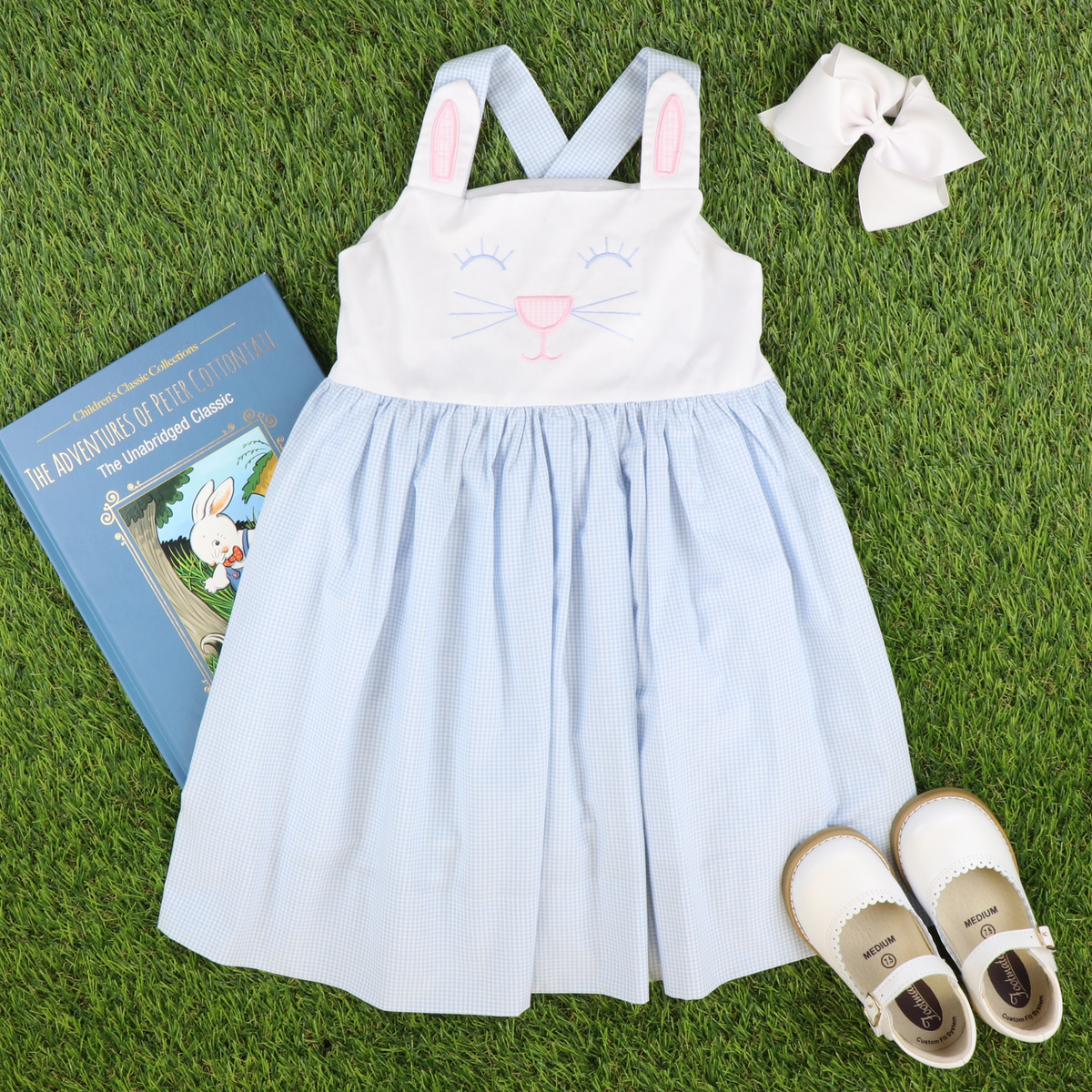 Embroidered Bunny Face Dress - Light Blue Mini Gingham