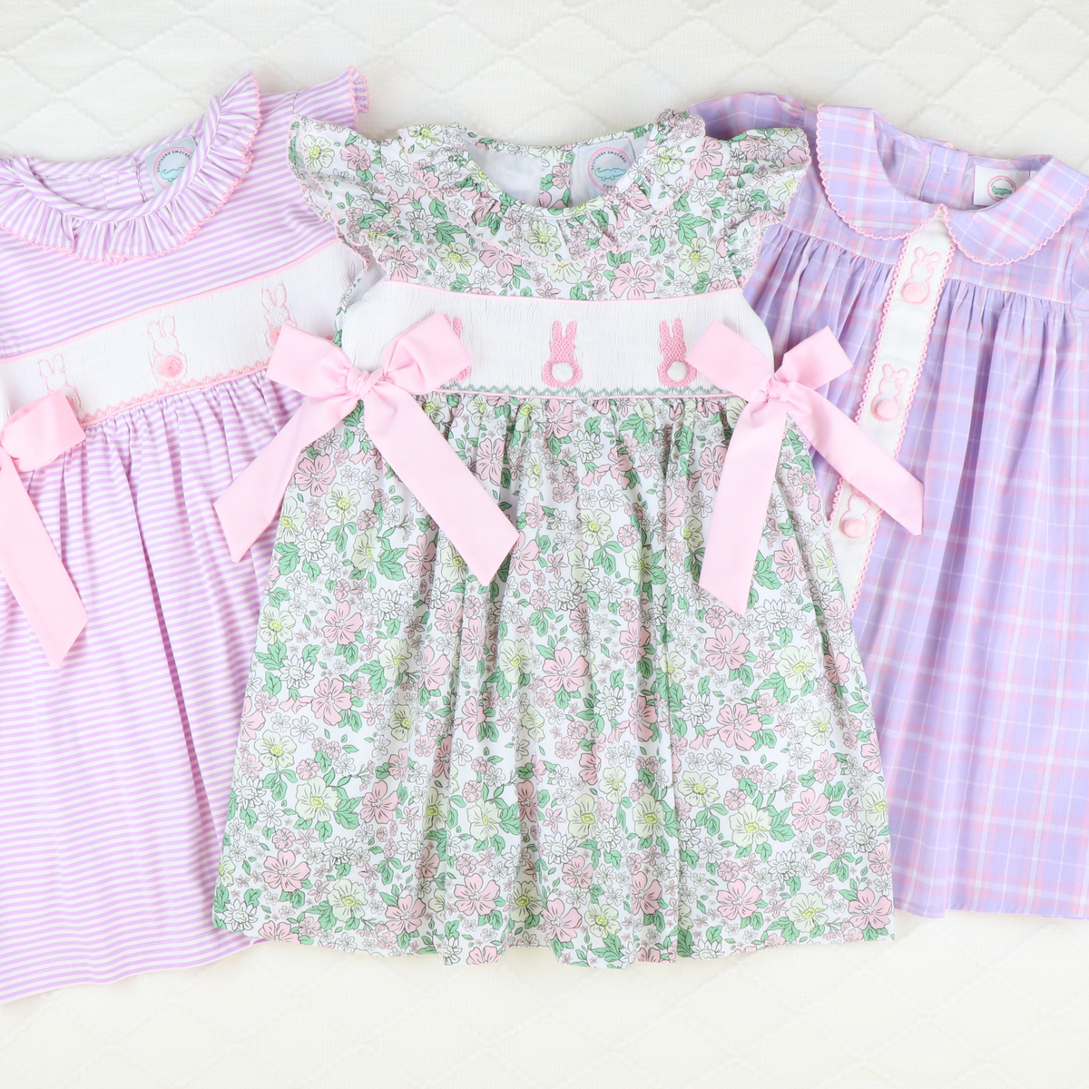 Embroidered Bunnies Collared Dress - Pink & Purple Plaid