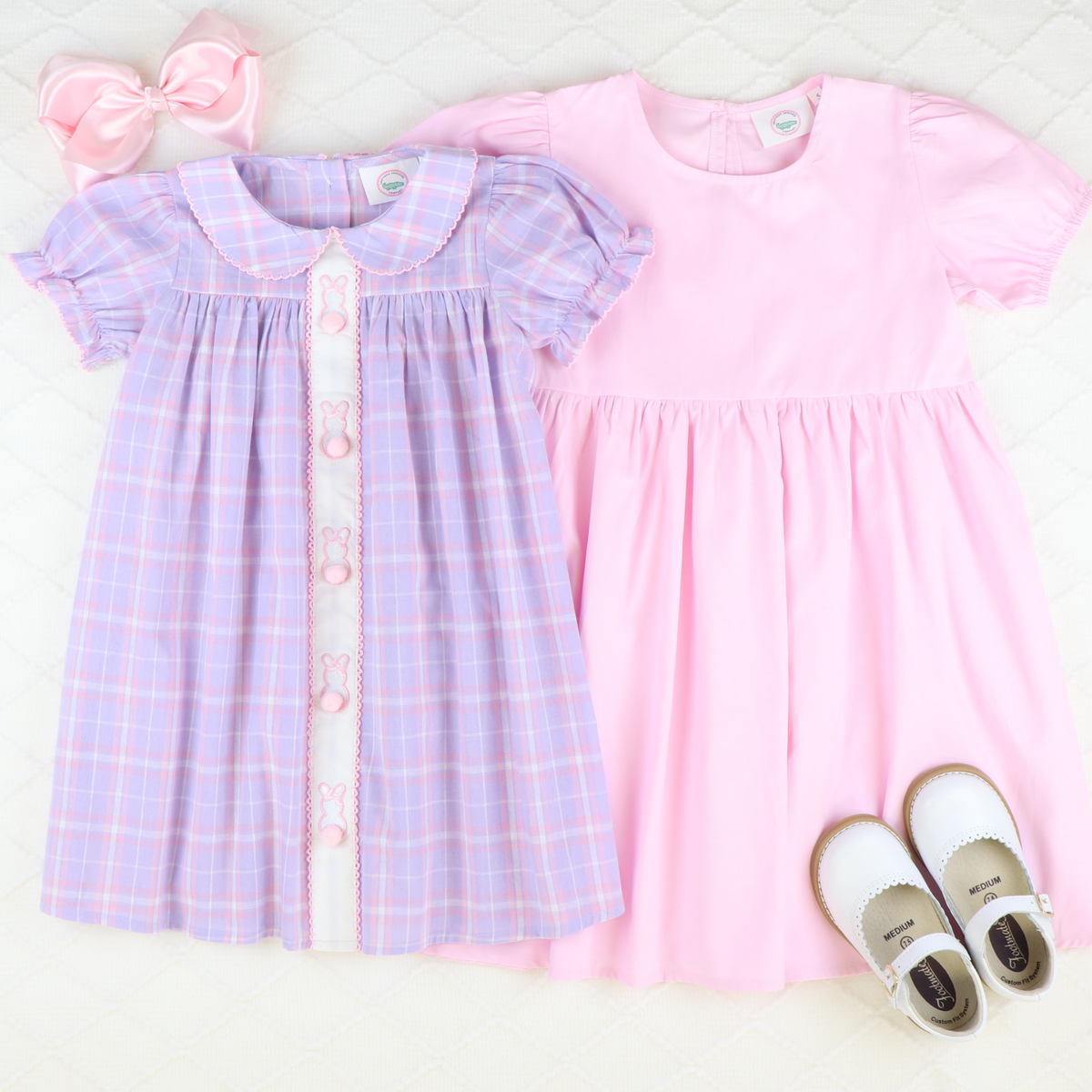 Embroidered Bunnies Collared Dress - Pink & Purple Plaid