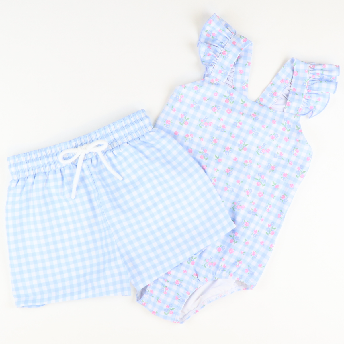 Flutter Swimsuit - Floral Light Blue Gingham