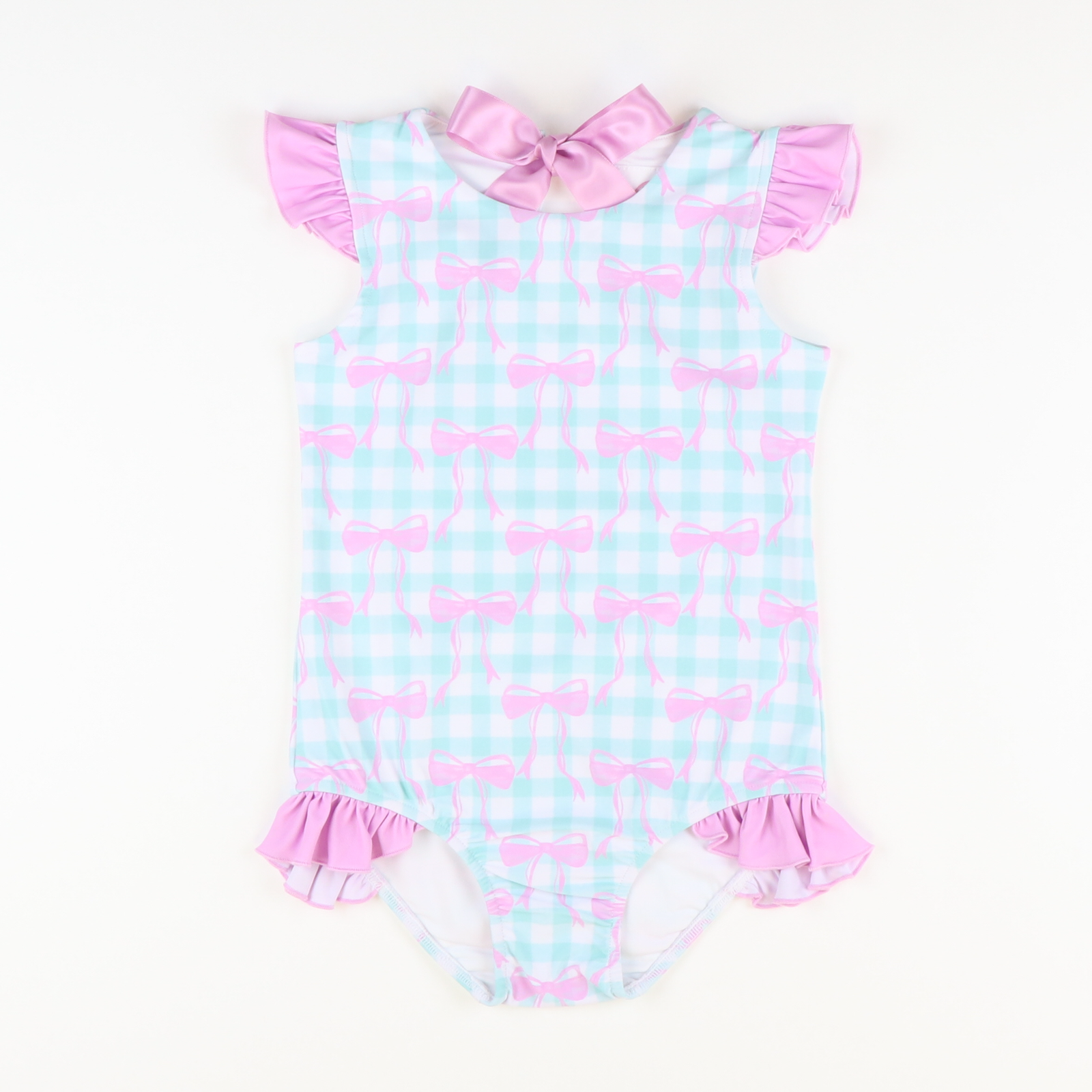 Rashguard Swimsuit - Pink Bows Mint Gingham - Stellybelly