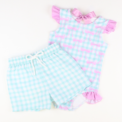 Rashguard Swimsuit - Pink Bows Mint Gingham