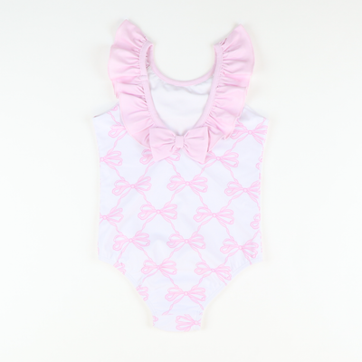 Ruffle Neck Swimsuit - Pink Bows