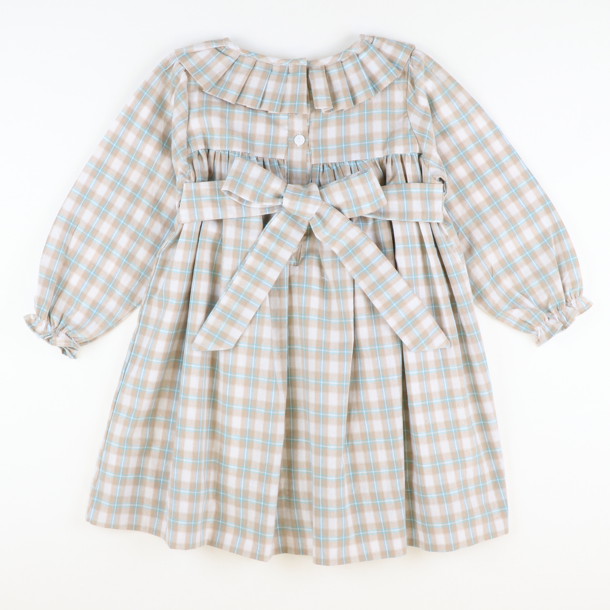 Pleated Ruffle Neck Dress -  Khaki & Teal Plaid
