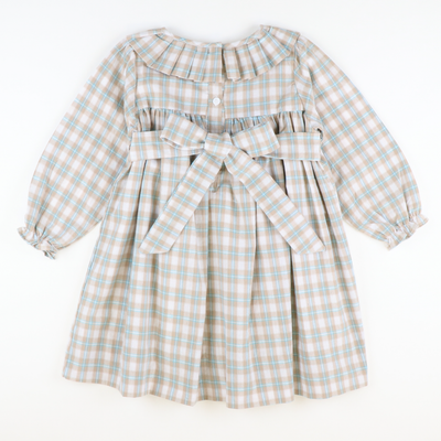 Pleated Ruffle Neck Dress -  Khaki & Teal Plaid