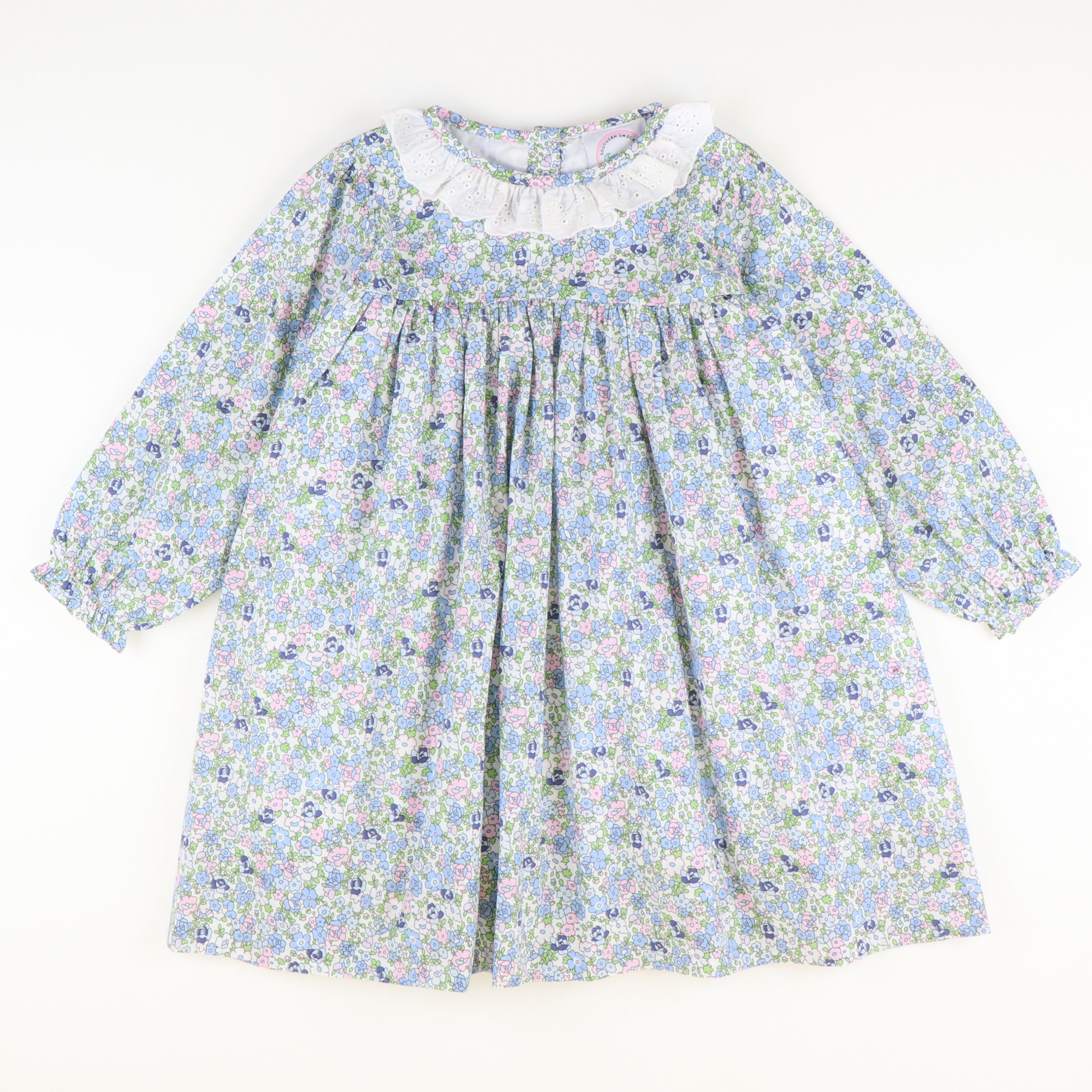Eyelet Ruffle Neck Dress -  Pink & Blue Floral