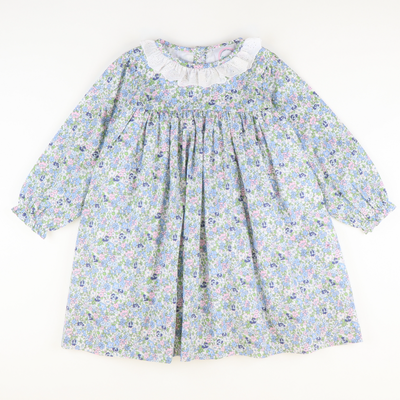Eyelet Ruffle Neck Dress -  Pink & Blue Floral