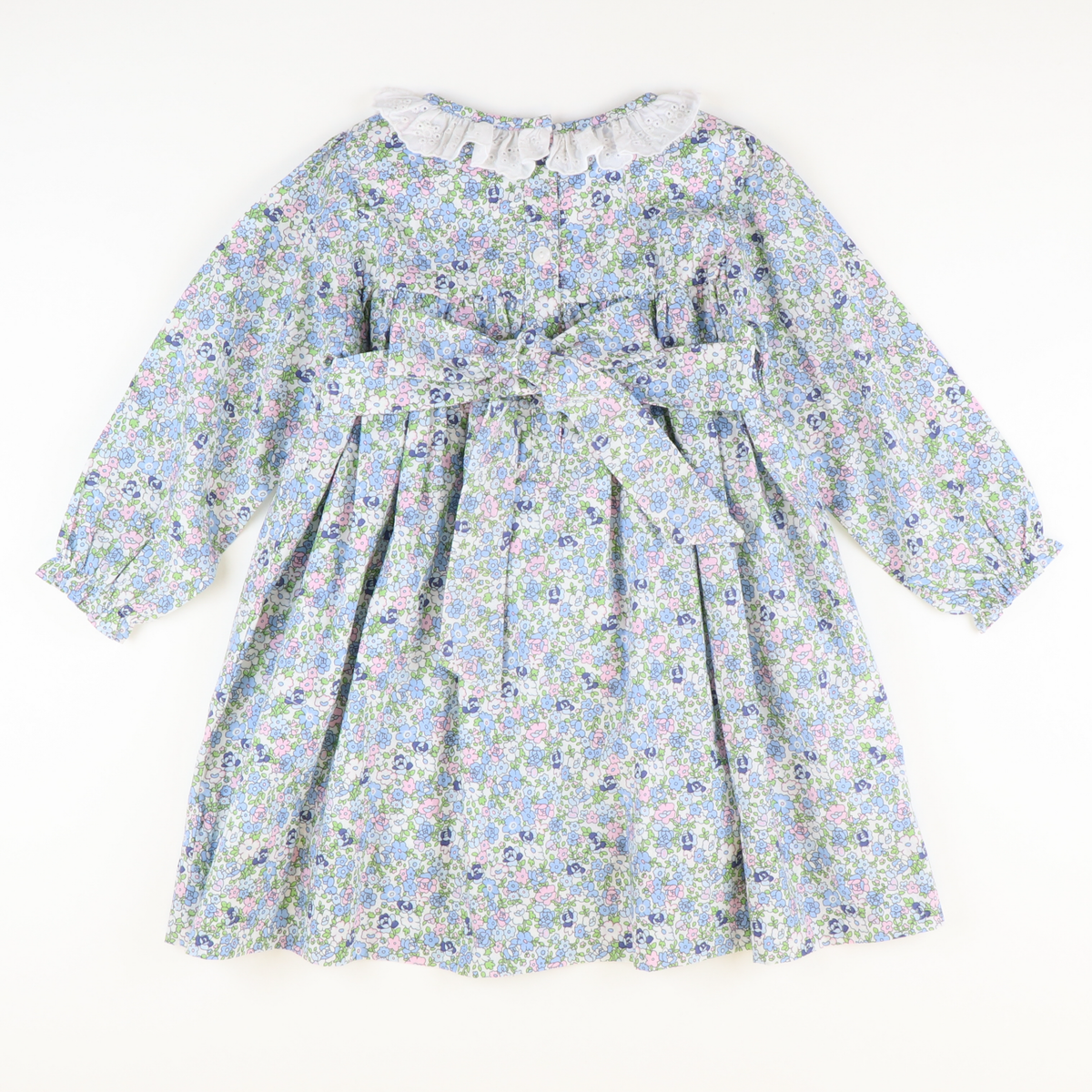 Eyelet Ruffle Neck Dress -  Pink & Blue Floral