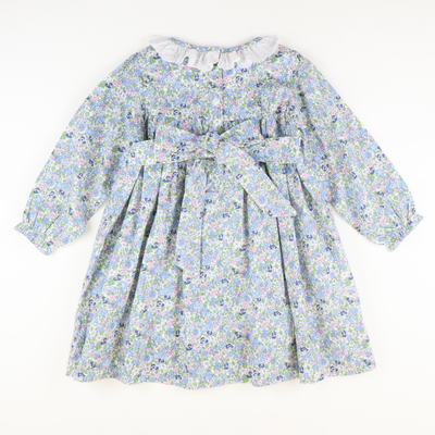 Eyelet Ruffle Neck Dress -  Pink & Blue Floral
