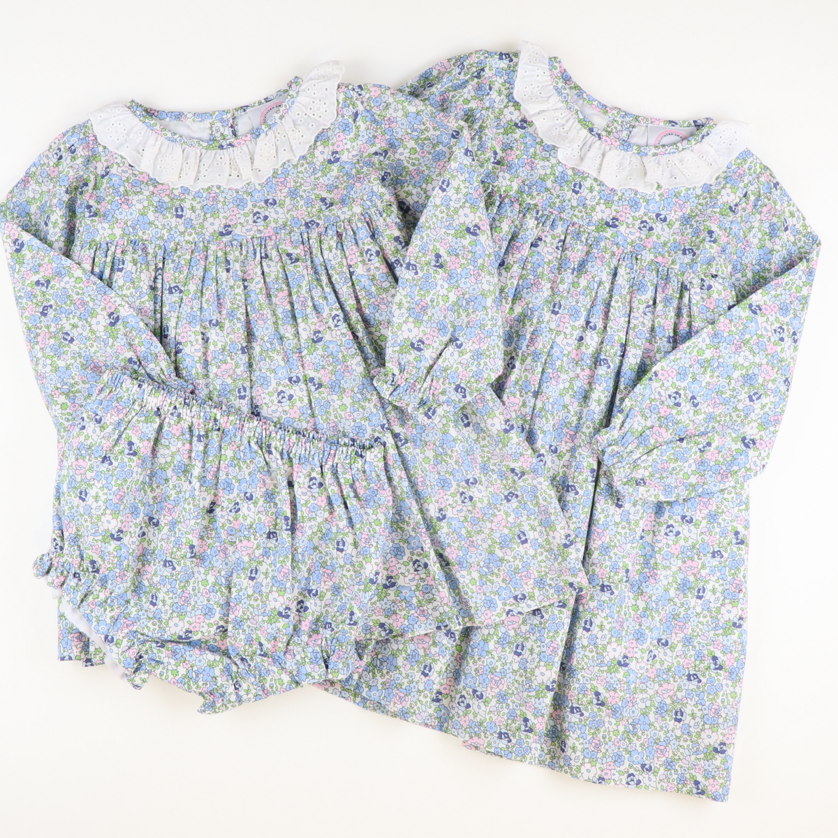 Eyelet Ruffle Neck Set - Pink & Blue Floral