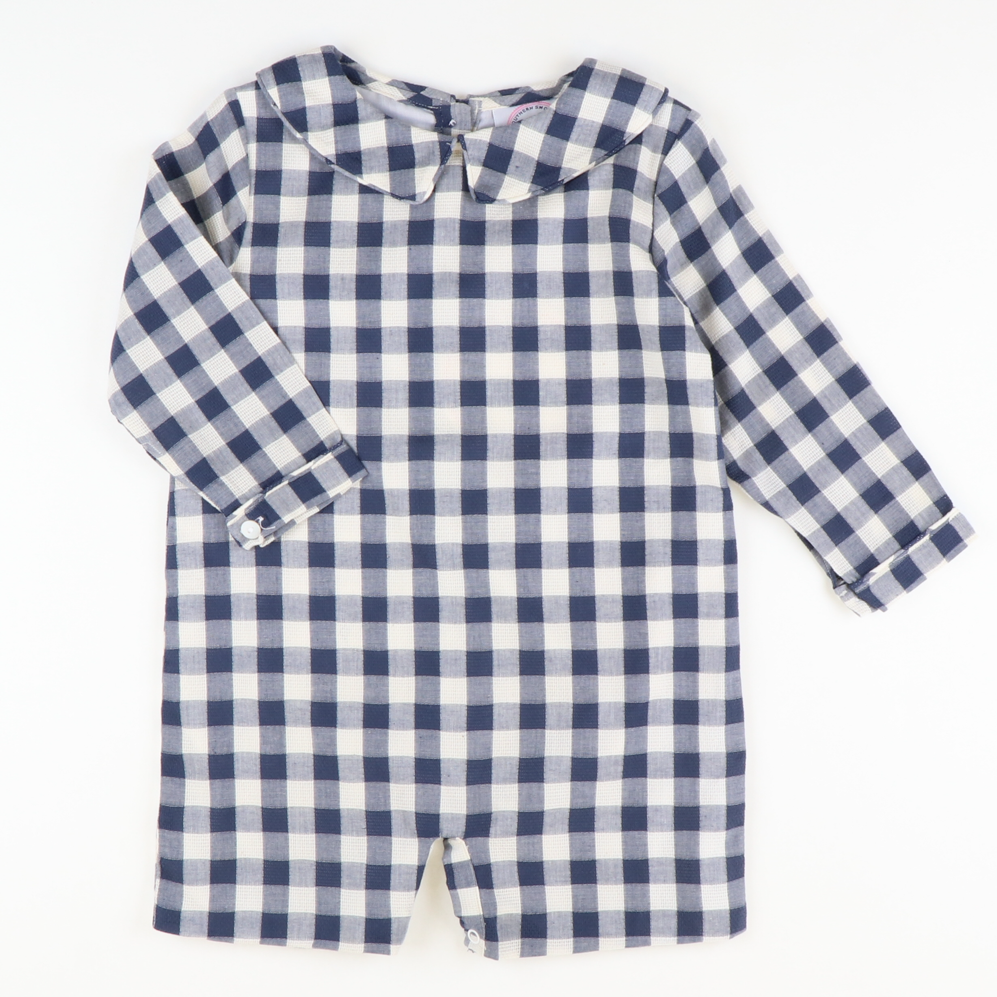Collared Boy Romper - Navy Check Linen