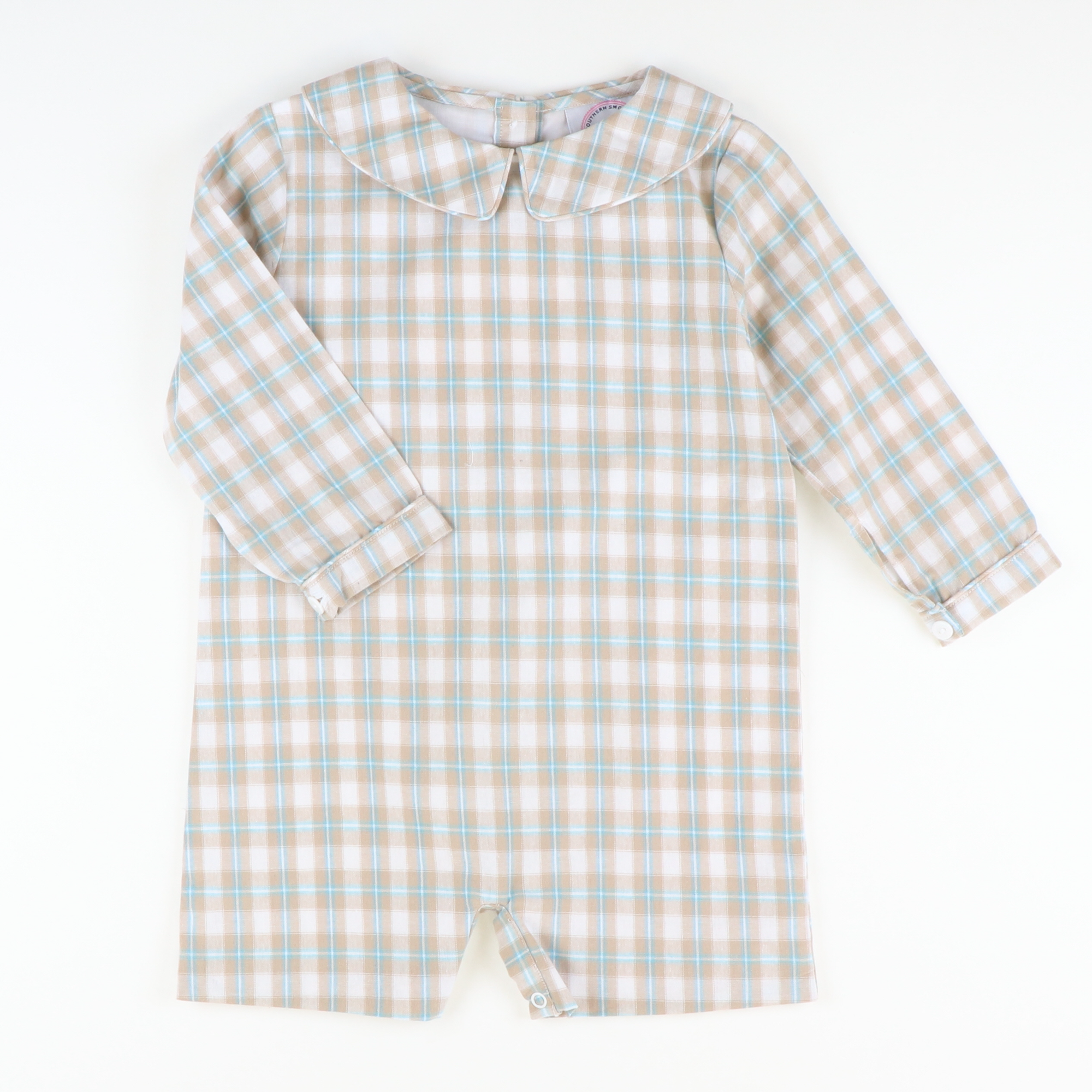 Collared Boy Romper - Khaki & Teal Plaid