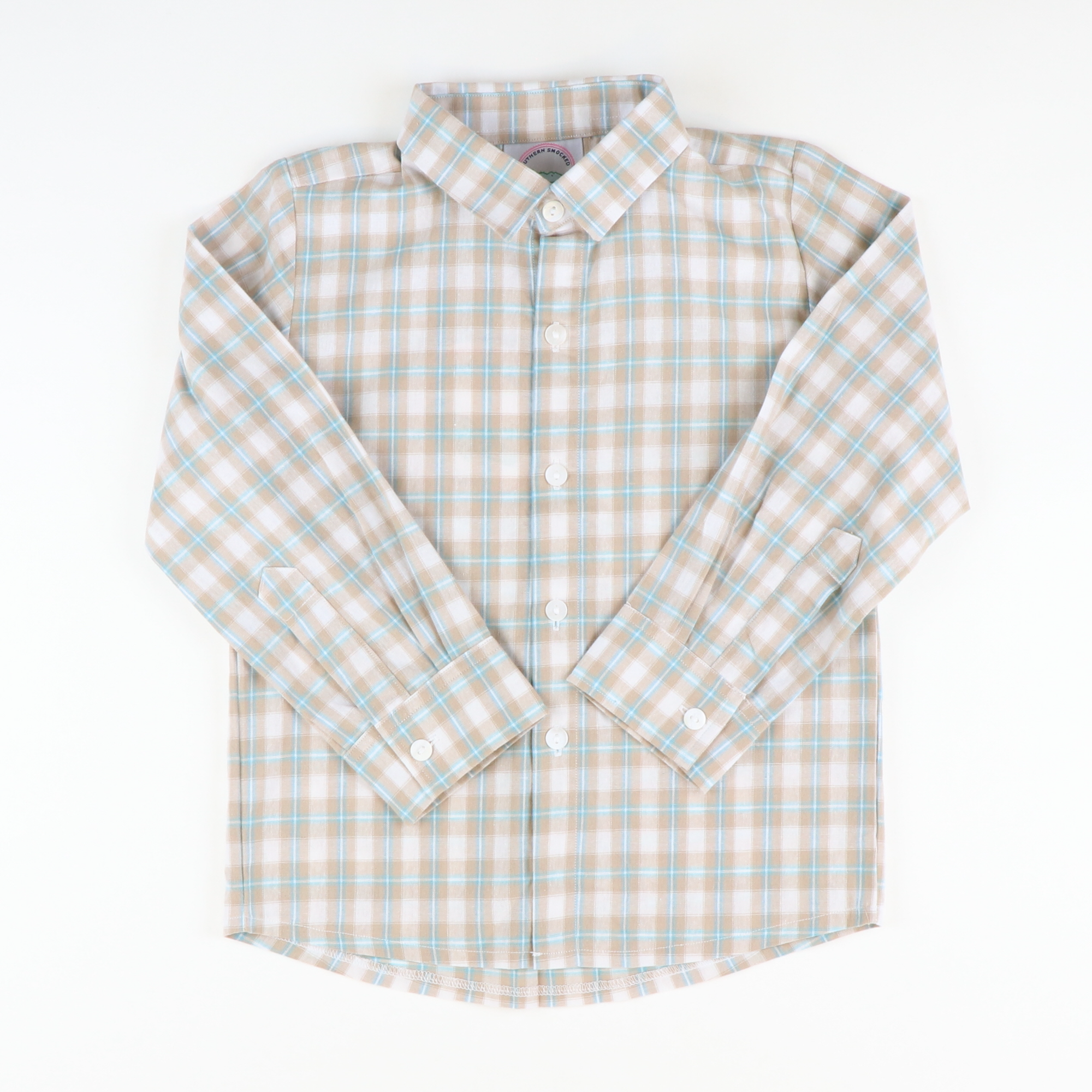 Signature Button Down Collared Shirt - Khaki & Teal Plaid