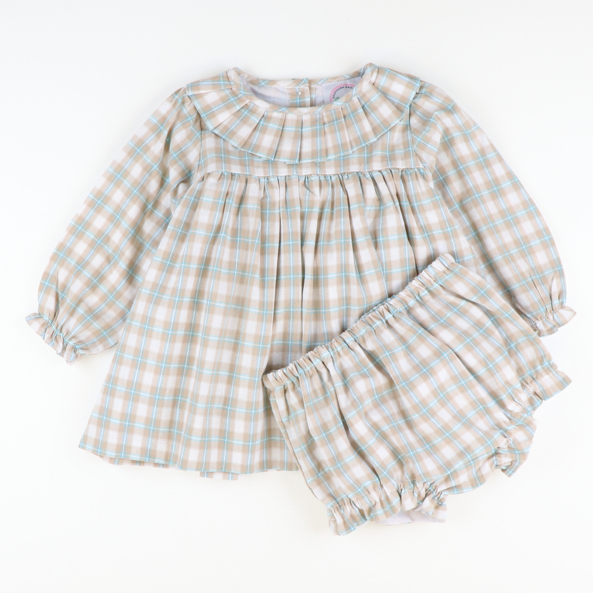 Pleated Ruffle Collar Set - Khaki & Teal Plaid