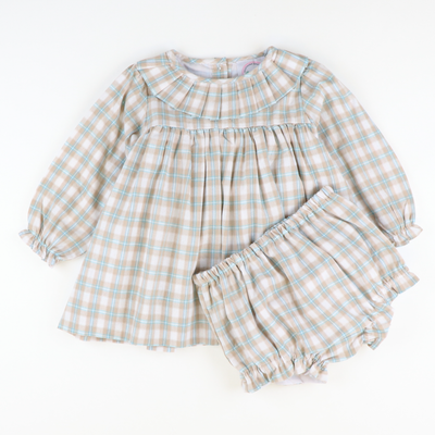 Pleated Ruffle Collar Set - Khaki & Teal Plaid