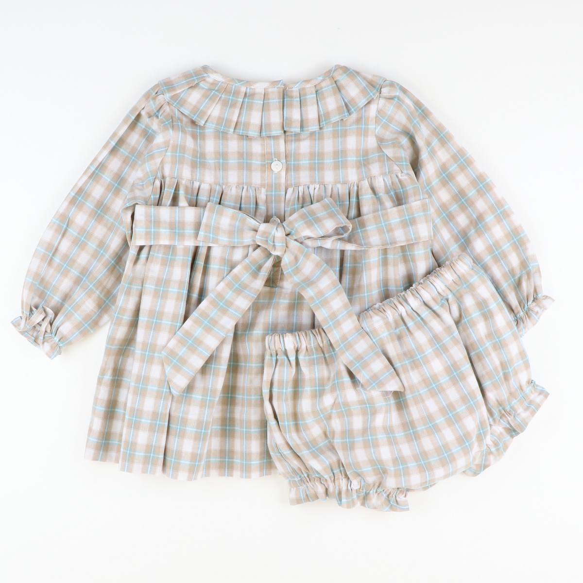 Pleated Ruffle Collar Set - Khaki & Teal Plaid