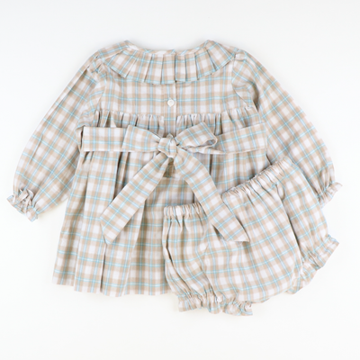 Pleated Ruffle Collar Set - Khaki & Teal Plaid