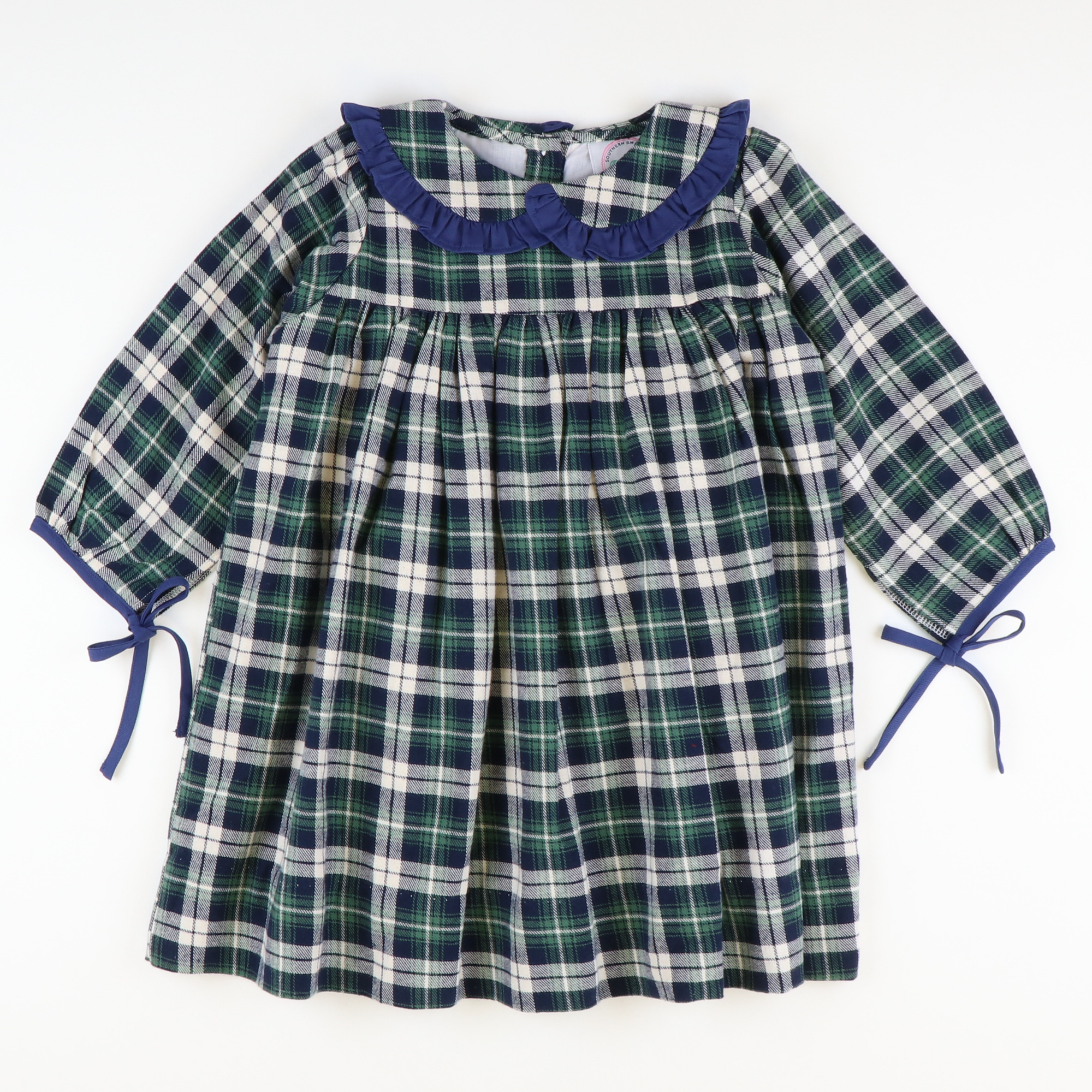 Plaid Pleated Ruffle Collar Dress - Navy & Green Flannel