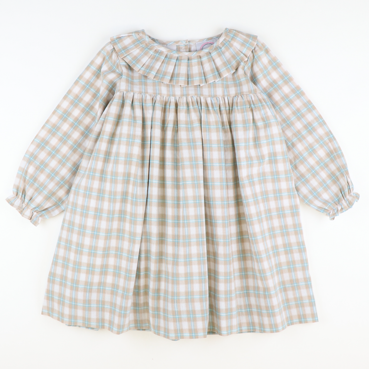 Pleated Ruffle Neck Dress -  Khaki & Teal Plaid