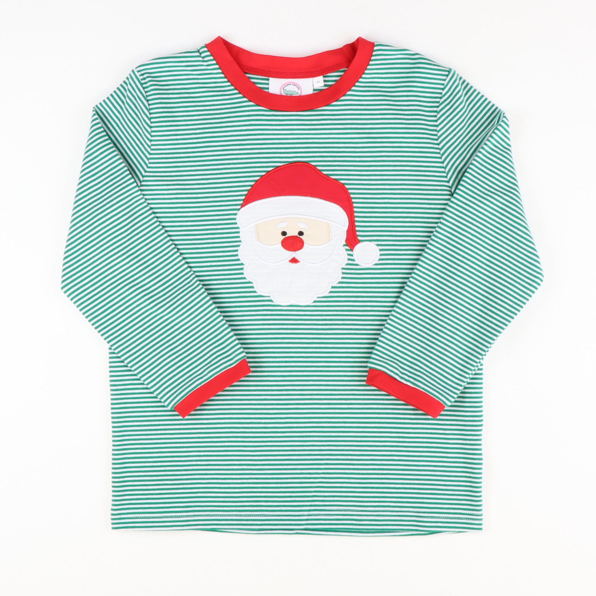 Appliquéd Santa Face L/S Shirt - Christmas Green Stripe Knit