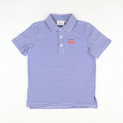 Embroidered Flag Knit Polo - Royal Blue Thin Stripe