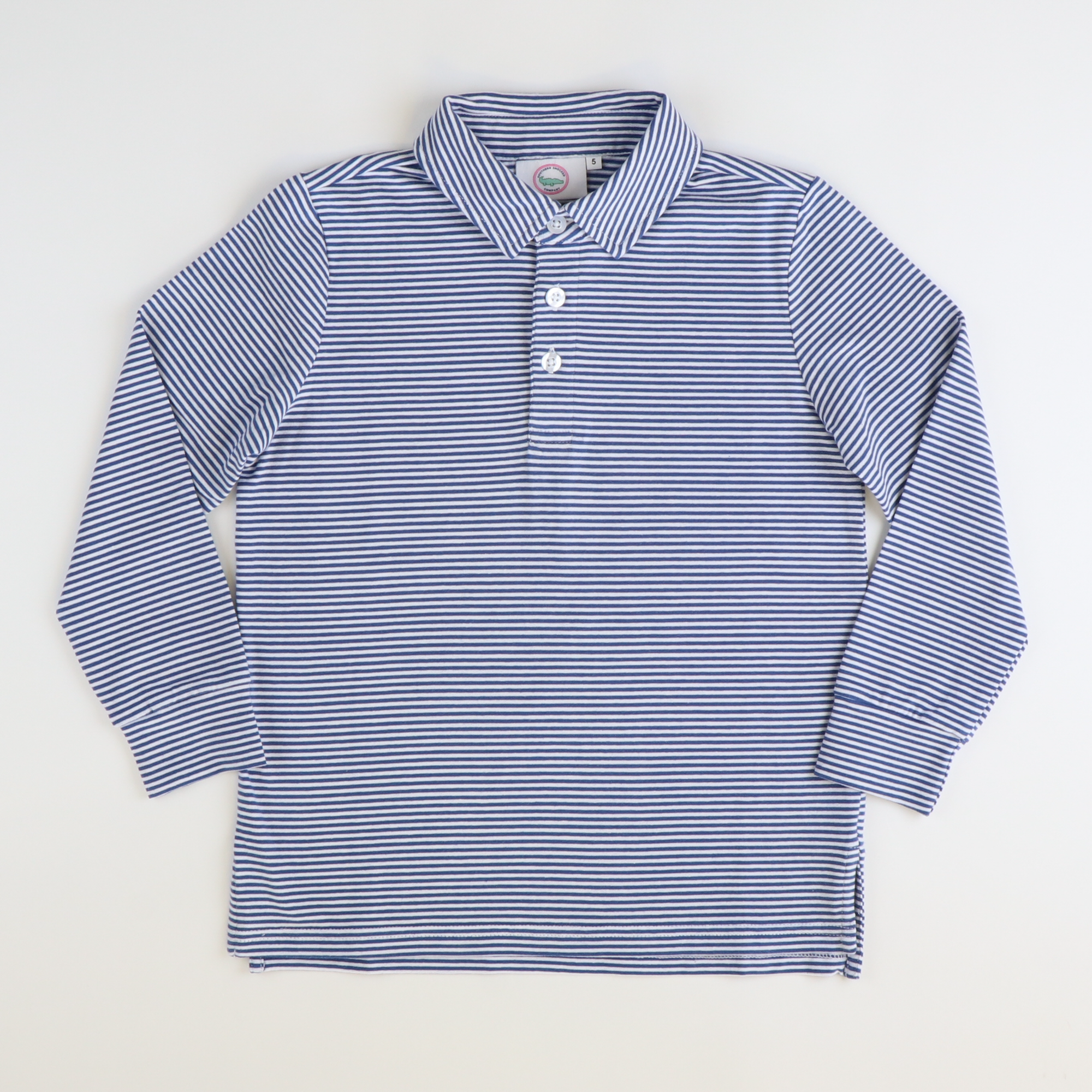 Boys Signature L/S Knit Polo - Slate Blue & White Thin Stripe