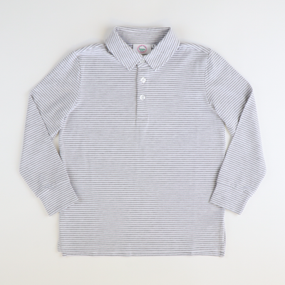 Boys Signature L/S Knit Polo - Gray & White Thin Stripe