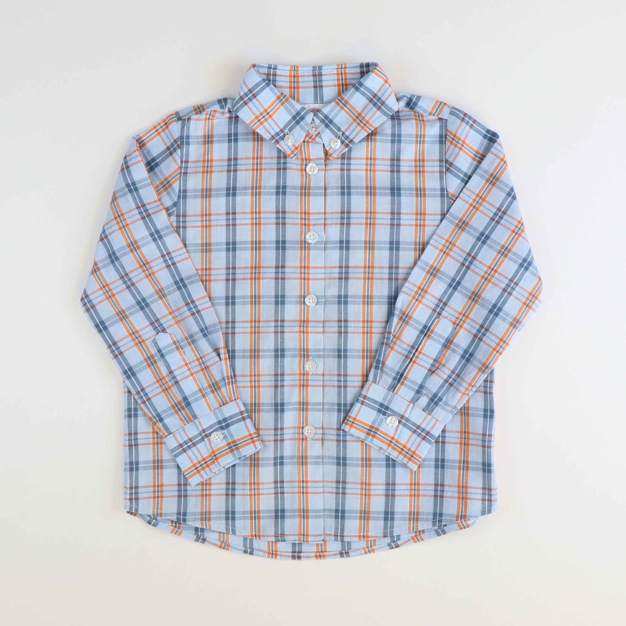 Boys L/S Button Down Shirt - Orange & Blue Plaid