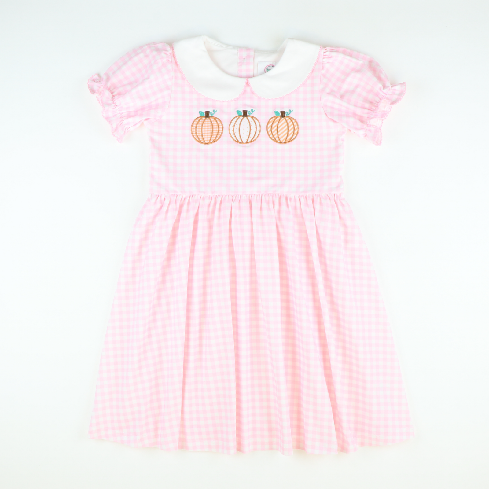 Pumpkin Trio Appliqué Collared Dress- Light Pink Check Knit - Stellybelly