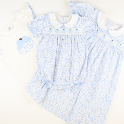 Embroidered Tiny Blue Pumpkins Girl Bubble - Blue Chinoiserie