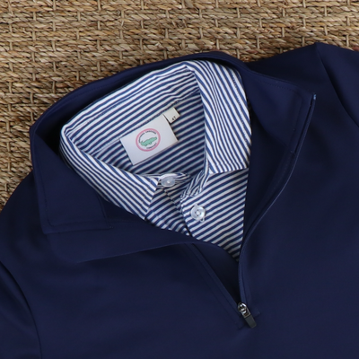 Boys Signature L/S Knit Polo - Slate Blue & White Thin Stripe