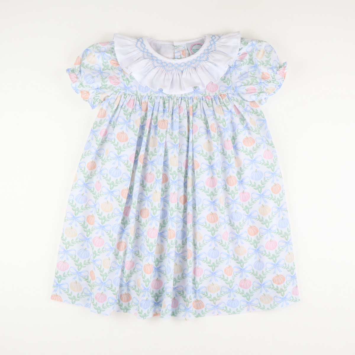 Smocked Ruffle Neck Dress- Pumpkin Blue Bow Trellis