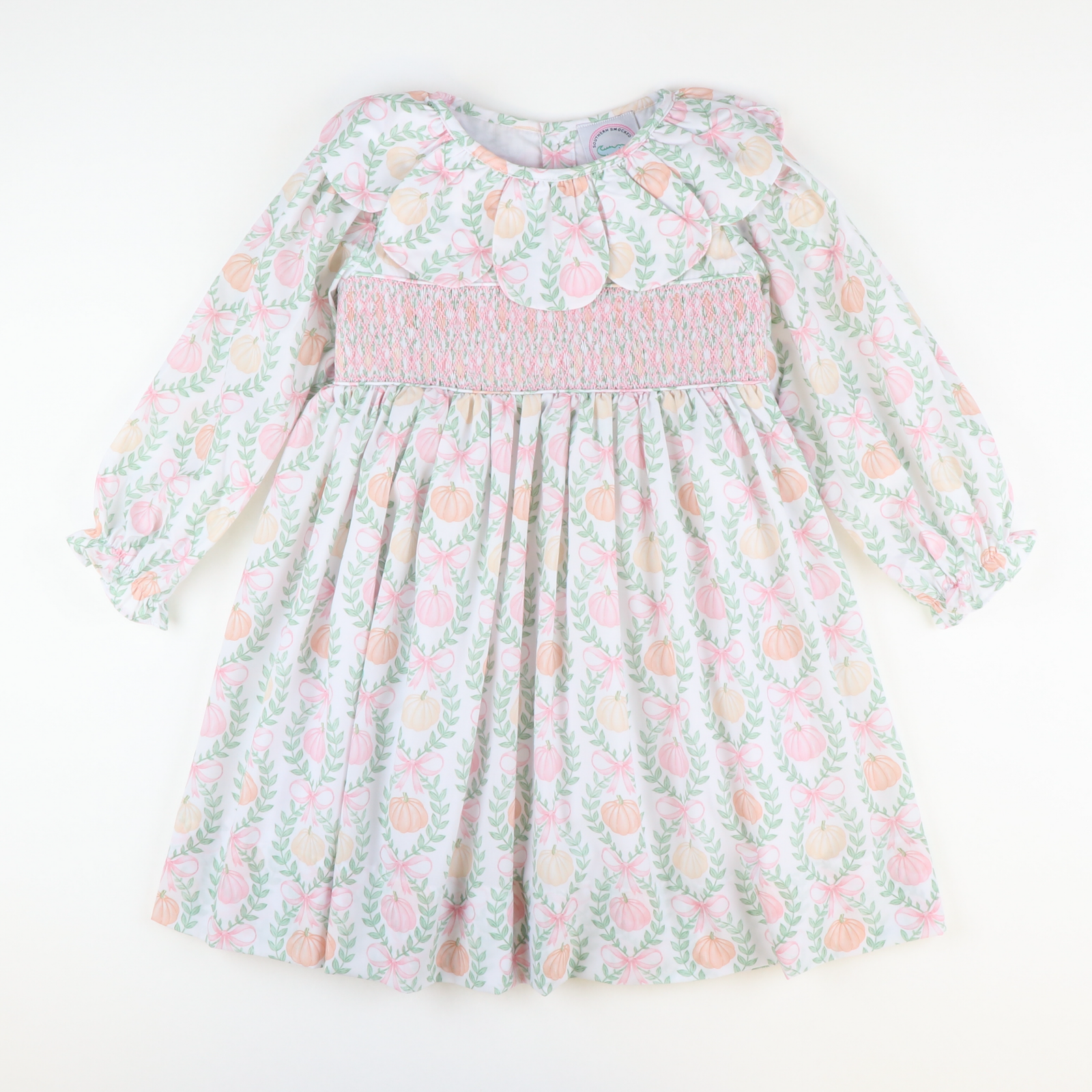 Petal Collar Smocked Dress- Pumpkin Pink Bow Trellis - Stellybelly