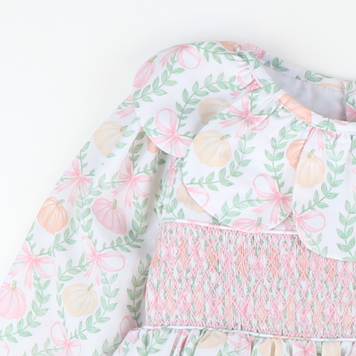 Petal Collar Smocked Dress- Pumpkin Pink Bow Trellis