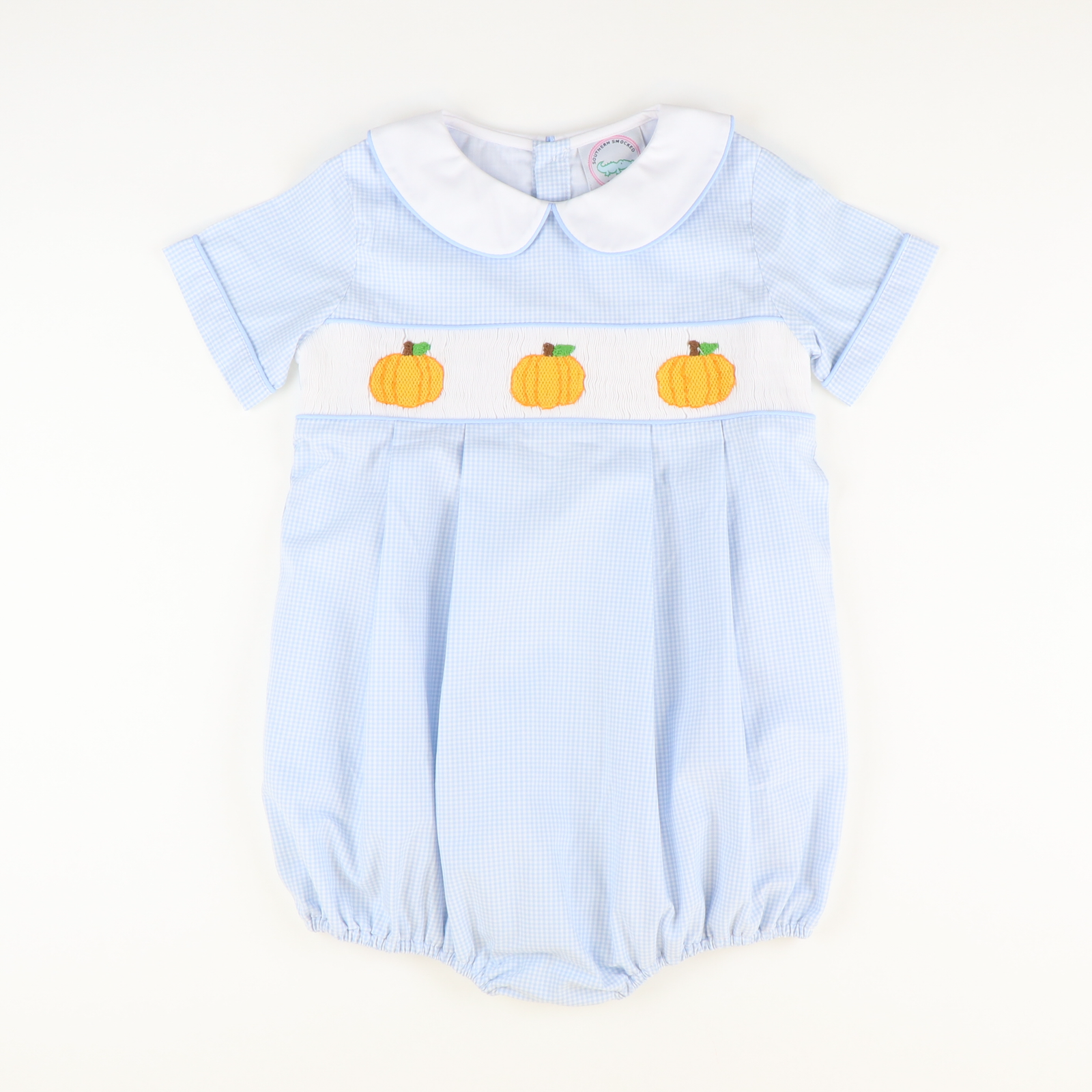 Smocked Pumpkins Collared Boy Bubble- Light Blue Check - Stellybelly