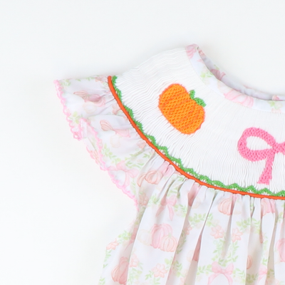 Smocked Pink Bow & Pumpkins Girl Bubble - Pumpkin Lattice