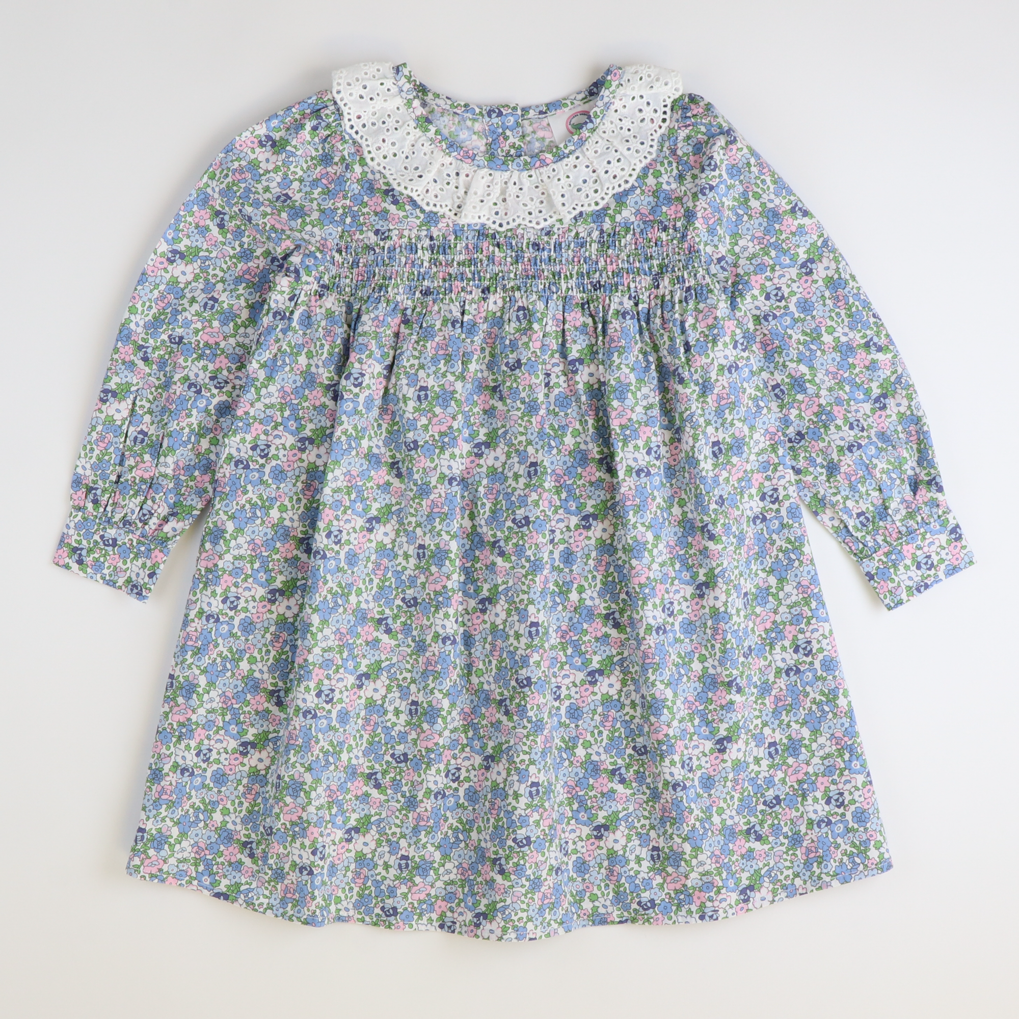 Eyelet Ruffle Smocked Dress - Pink & Blue Floral