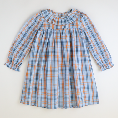 Pleated Ruffle Neck Dress - Orange & Blue Plaid