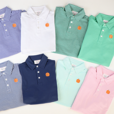 Embroidered Pumpkin Knit Polo -  Royal Blue Thin Stripe
