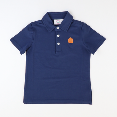 Embroidered Pumpkin Knit Polo - Solid Navy - Stellybelly
