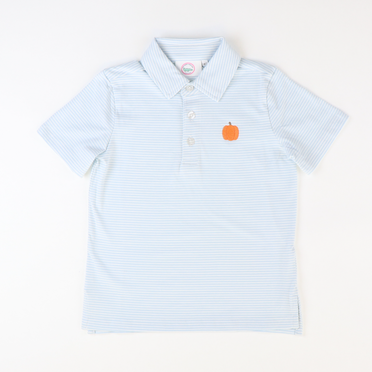 Embroidered Pumpkin Knit Polo -  Light Blue Thin Stripe - Stellybelly