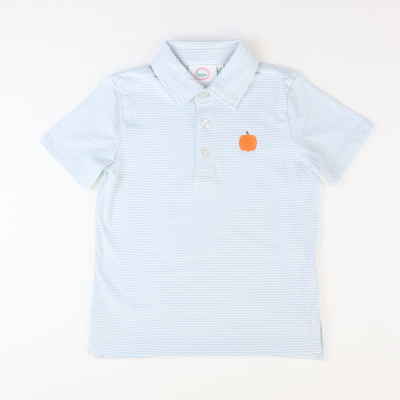 Embroidered Pumpkin Knit Polo -  Light Blue Thin Stripe - Stellybelly